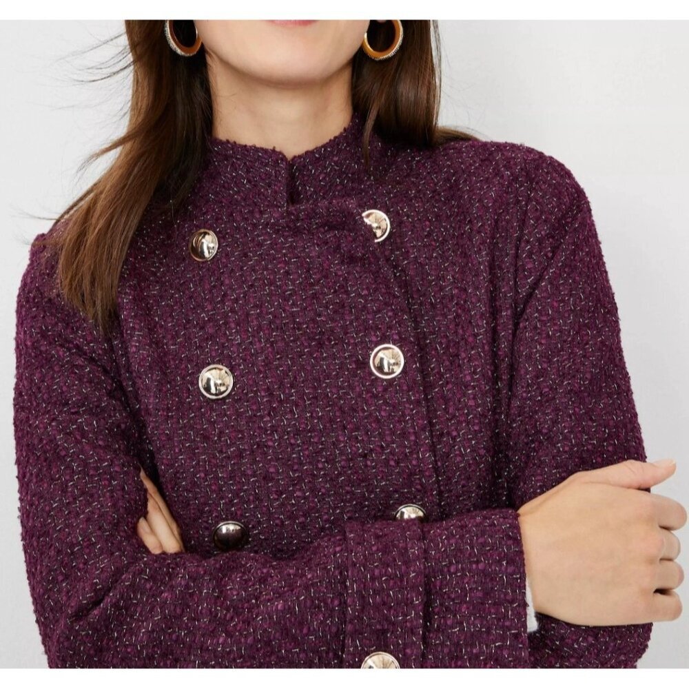 ANN TAYLOR SHIMMER POTENT PURPLE TWEED FITTED DOUBLE BREASTED COAT SZ XLP - Picture 2 of 9